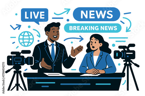 Dynamic News Broadcast. Broadcasting live. Anchors in front of cameras, glowing headlines and news tickers