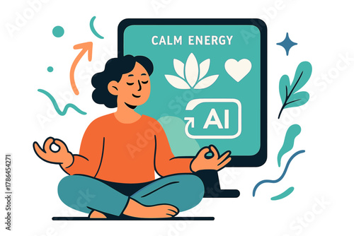 Digital Meditation Art. Digital self-care. A person meditating in front of a glowing screen that visualizes