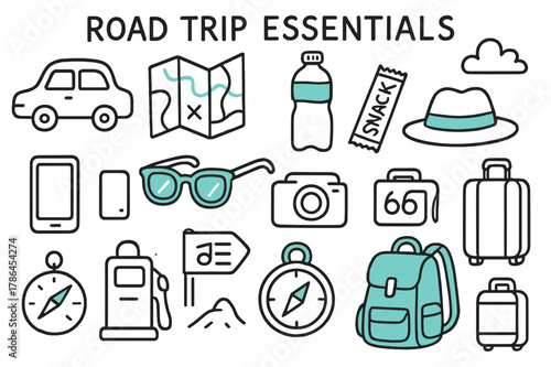 Road Trip Essentials. // Road trip essentials. Hand-drawn doodle illustration Road trip essentials [car, map (accented), water bottle (accented), snack bar,