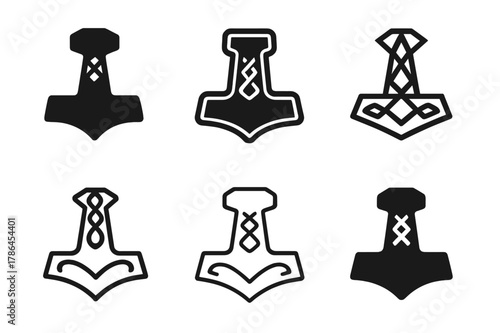 Mythical God Symbols. Ancient gods and goddesses in a mystical landscape. Set Logo of Ancient gods and goddesses in a mystical landscape: Thor Mjolnir hammer.