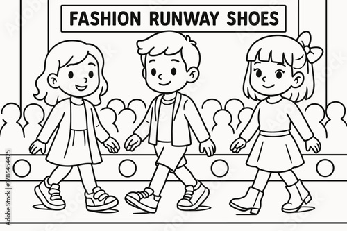 Kids Fashion Coloring. Fashion runway shoes children?s coloring book illustration, outlined drawing, models