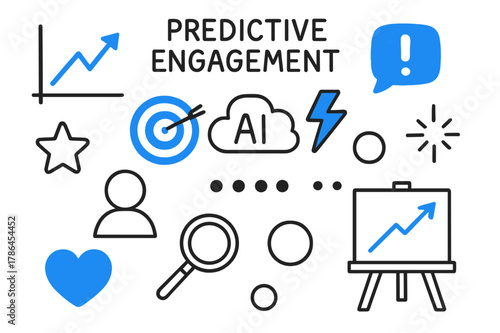 Predictive Engagement Icons. // Predictive engagement. Hand-drawn doodle illustration Predictive engagement [graph forecast (accented), target (accented),