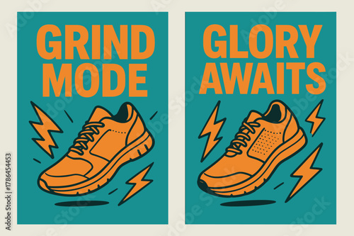 Energizing Banners. Hustle. Two vertical A6 banners with safe margins, centered composition, no elements touching edges, bold, turquoise and orange, lightning