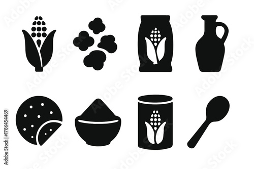 Corn Products Icons. Corn products. Filled icon set of corn products: corn cob, popcorn, cornmeal bag, oil