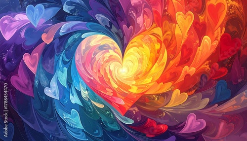 Wallpaper Mural Colorful swirling hearts art with a bright center, transitioning from cool blues and purples to warm reds and oranges Torontodigital.ca