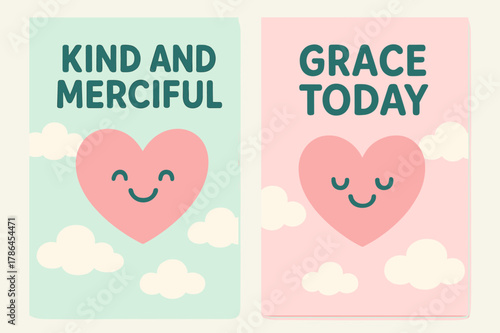 Kindness Banners. Mercy. Two vertical A6 banners with safe margins, centered composition, no elements touching edges, cartoon, pastel mint and pink, smiling