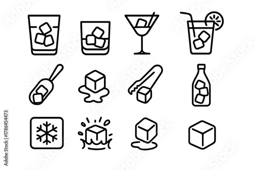 Ice Cube Icon Set. Ice Cubes in Drink. Line icon set of Ice Cubes in Drink: glass with ice cubes, tumbler, cocktail glass, whiskey on the rocks, soda with