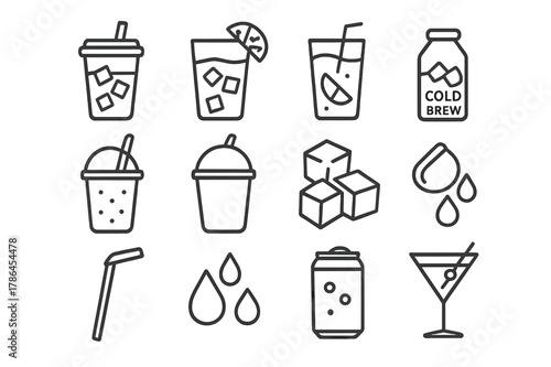 Cold Drinks Icons. Cold Drinks. Line icon set of Cold Drinks: iced coffee, iced tea, lemonade, cola with ice, smoothie, slushie cup, cold brew bottle, ice