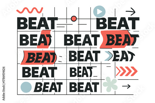 Kinetic Typography Rhythm. Kinetic Typography ? Rhythm Grid. Blocks of ?BEAT / BEAT? jump on a tidy grid; a tiny playhead sweeps left to right. Letters