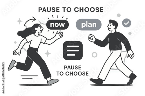 Impulse vs Intent. Shopping Habits ? Impulse vs Intent. Two buttons hover: ?now? flickers and ?plan? glows steady; a list icon anchors the scene. Caption
