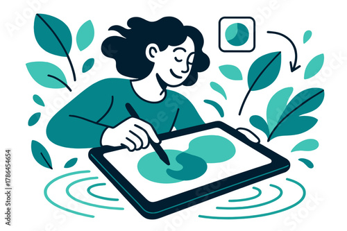 Vibrant Nature Mix. Nature-inspired hues. Person mixing greens and blues on a digital tablet; leaf shapes and
