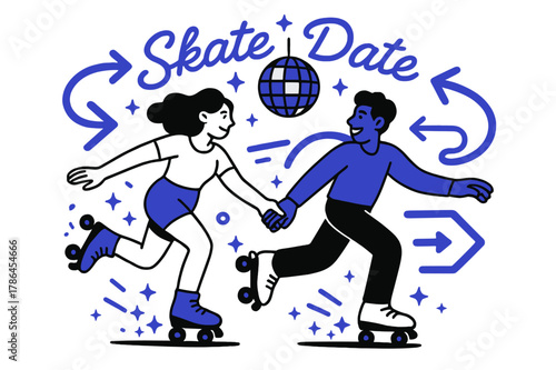 Roller Rink Romance. Roller rink romance. They glide hand-in-hand past neon arrows; wheels spark tiny stars on the floor. ?Skate date? loops in cursive around