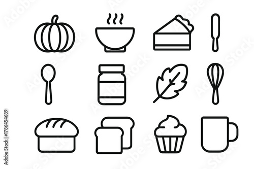 Pumpkin Recipe Icons. Pumpkin recipes. Line outline icon set of pumpkin recipes: pumpkin, soup bowl, pie,