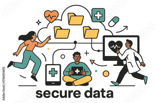 Secure Healthcare Cloud. Healthcare Tech ? Cloud Records. Folders and medical icons float above a cloud; connection lines link to tablets and monitors. Text