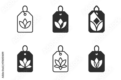 Lotus Travel Logos. Wellness retreat travel. Set Logo of Wellness retreat travel: lotus over luggage tag. harmonious logo variations of the same emblematic