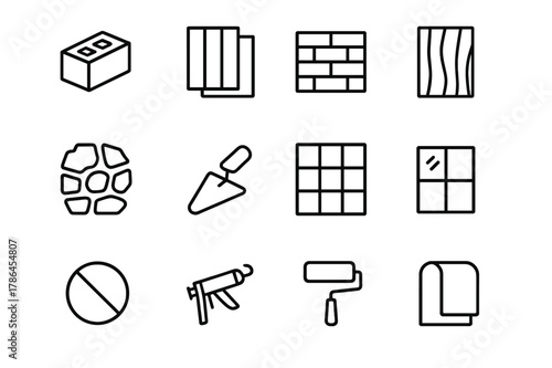 Exterior Material Icons. Exterior Materials. Line icon set of Exterior Materials: concrete block, metal panel, brick wall, wood slat, stone veneer, stucco