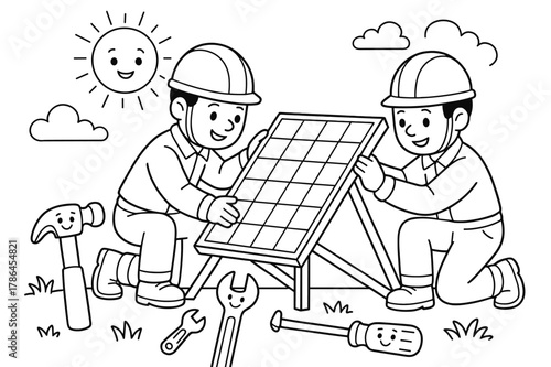 Solar Installation Coloring Book. Installing solar panels safely children?s coloring book illustration, outlined drawing, two workers wearing helmets securing