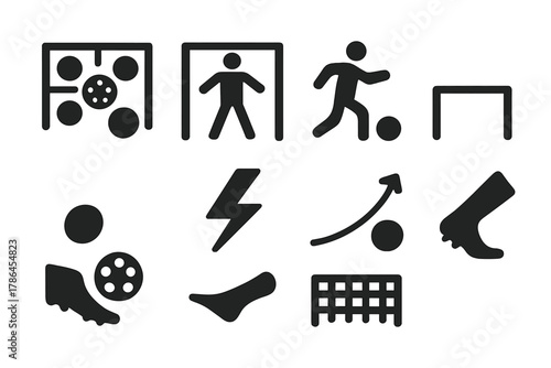 Soccer Practice Icons. Shooting practice. Filled icon set of shooting practice: ball aiming goal, goalkeeper,