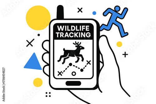 Animal Tracking Art. Wildlife Tracking. Close-up of GPS device showing tracked animal movements with floating abstract geometric shapes, scientific and precise