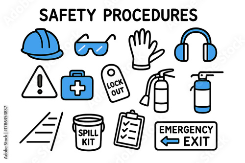 Safety Gear Doodles. // Safety procedures. Hand-drawn doodle illustration Safety procedures [hard hat (accented), safety glasses (accented), gloves, ear