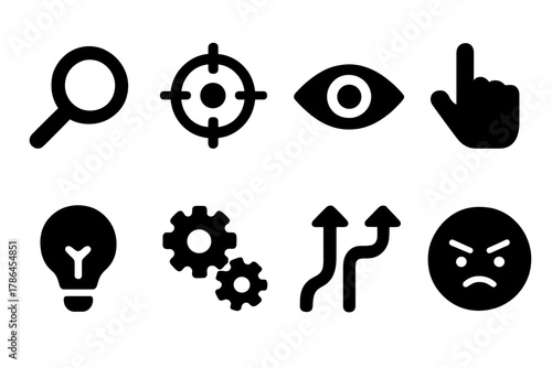 Focus Icon Set. Focus and determination. Filled icon set of focus and determination: magnifying glass, laser