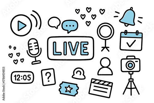 Live Stream Essentials. // Live stream promo. Hand-drawn doodle illustration live stream promo [LIVE badge (accented), play button, streaming waves (accented),