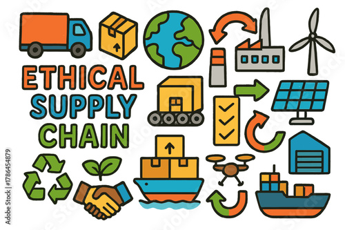 Ethical Supply Chain Icons. ethical supply chain. Colorful Hand-drawn doodle Children illustration ethical supply chain truck, cargo box, globe, factory, solar