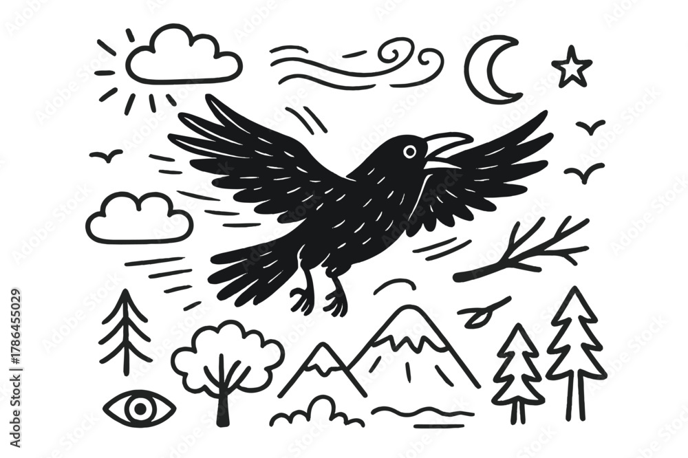 Naklejka premium Raven's Flight Dynamics. Raven flight. Hand-drawn doodle illustration Raven flight wings spread, feather trail, sky, clouds, mountain, branch, flock of birds,