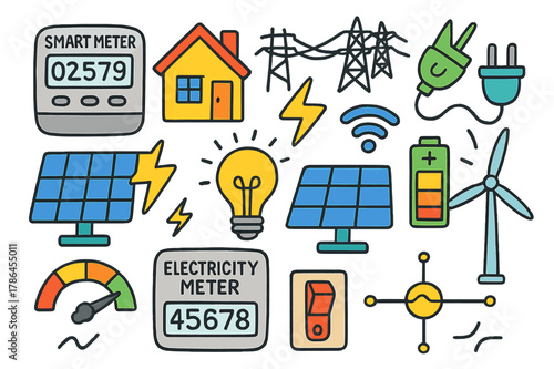 Colorful Energy Icons. home energy. Colorful Hand-drawn doodle Children illustration home energy smart meter, electricity meter, digital display, house, power