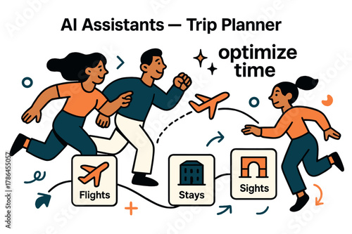 Trip Planning Magic. AI Assistants ? Trip Planner. Cards for flights, stays, and sights snap into a smooth itinerary line; a tiny plane follows the path.
