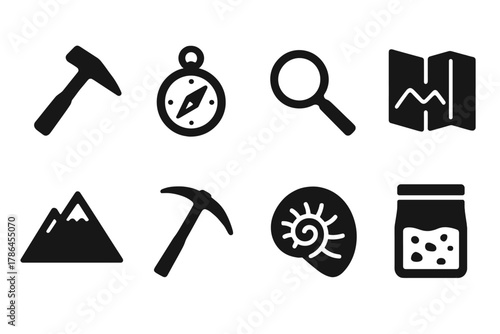 Geological Exploration Icons. Geological exploration. Filled icon set of geological exploration: rock hammer,