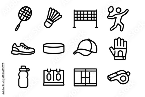 Sports Icon Set. Sports equipment. Line outline icon set of sports equipment: badminton racket, shuttlecock,