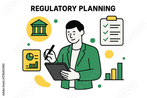 Regulatory Planning Illustration. Regulatory planning. A figure writes on a digital tablet surrounded by