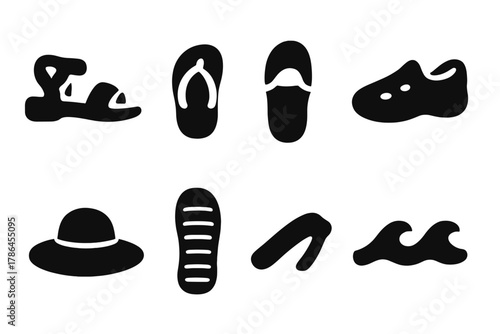 Summer Footwear Icons. Summer footwear. Filled icon set of summer footwear: sandal, flip flop, espadrille,