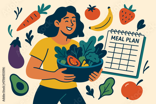 Vibrant Nutrition Journey. nutrition plan. A person holding a healthy salad, surrounded by floating fruits and vegetables, a notebook with a meal plan in the