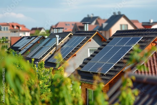 Rooftops with solar panels in a residential area