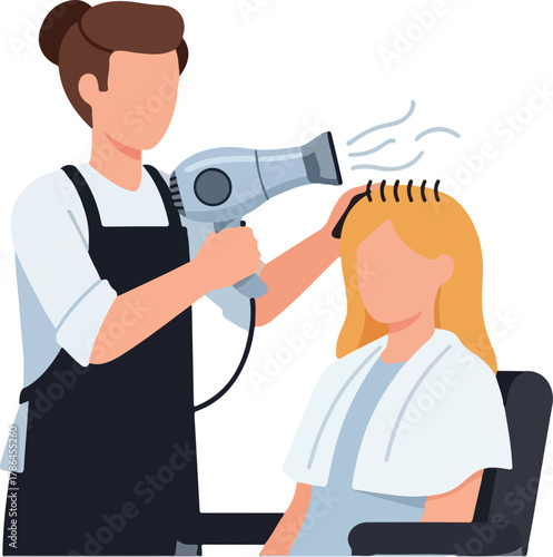 Professional Hairdresser Blow Drying Client s Blonde Hair with Brush in Salon Illustration