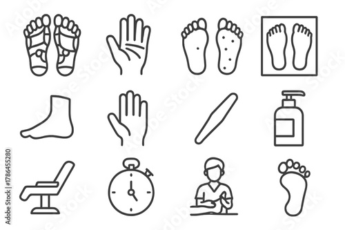 Reflexology Icon Set. Reflexology. Line icon set of reflexology: foot map, hand map, reflex points, chart, foot, hand, massage stick, lotion bottle, chair,