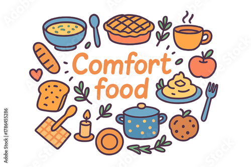 Comfort Food Doodle. Comfort food. Hand-drawn doodle illustration of Comfort food. Bowl of soup, bread, spoon,