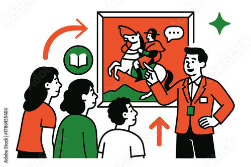 Interactive Museum Experience. Museum guided tour. A guide points to a historical painting while visitors