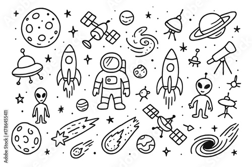Space Exploration Doodle. Space exploration illustration. Hand-drawn doodle illustration Space exploration illustration, rockets, planets, stars, moons,