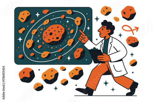 Celestial Mapping Adventure. Asteroid belt studies. Astronomer pointing at asteroid belt map with abstract floating asteroids, orbit paths, and sparkles;