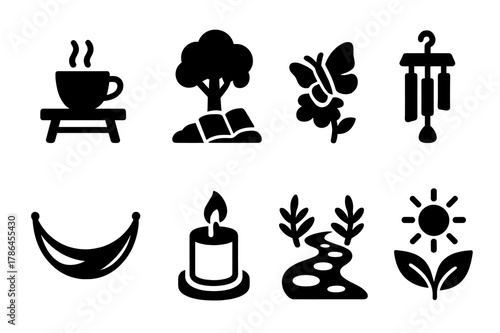 Serene Garden Icons. Serene garden moments. Filled icon set of serene garden moments: tea cup on bench, book