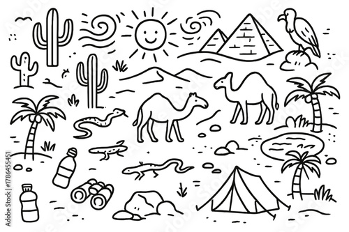 Desert Doodles Icon Set. desert landscape. Hand-drawn doodle illustration desert landscape cacti, sand dunes, camels, pyramids, oases, palm trees, snakes,