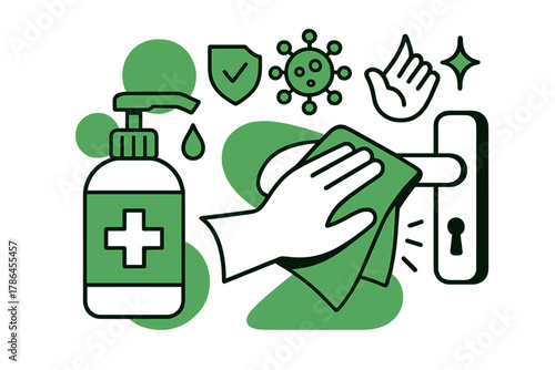 Hygiene Awareness Illustration. Safety first. A hand sanitizer bottle and cloth floating next to a freshly