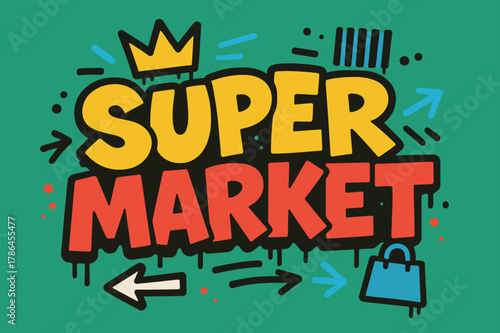 Vibrant Graffiti Art. Supermarket ? Graffiti Simplified; lettering: thick bubble/block, tilted; effects: dripping outline, flat spray fills; background: solid;