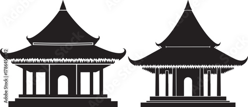 Two traditional asian pagoda buildings in a striking black silhouette