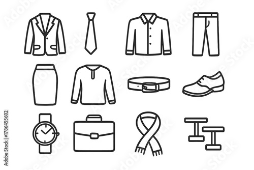 Business Attire Icons. Business attire. Line outline icon set of business attire: suit jacket, tie, dress