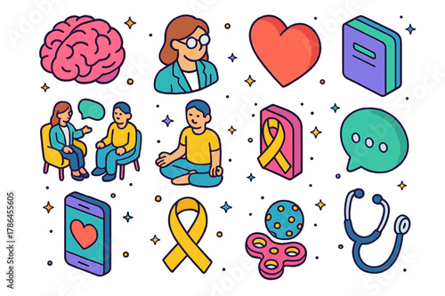 Mental Health Icons. Mental health support. Colorful isometric vector icons set of mental health support: brain, therapist, heart, counseling