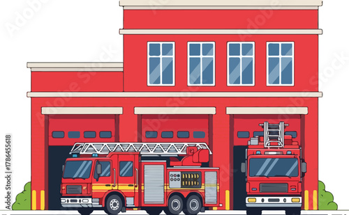 Vector Illustration of Red Fire Station Building with Fire Trucks in Bay